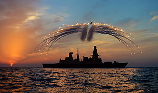silhouette of boat sailing on body of water, Type 45, ship, navy, Destroyer