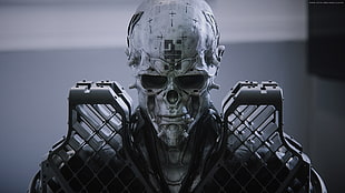 white and gray skull print helmet, science fiction, skull, Armored, robot