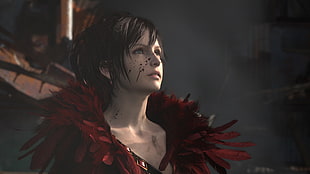 woman wearing red top fictional character digital wallpaper
