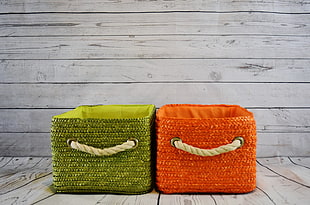 two square green and orange fabric organizers HD wallpaper