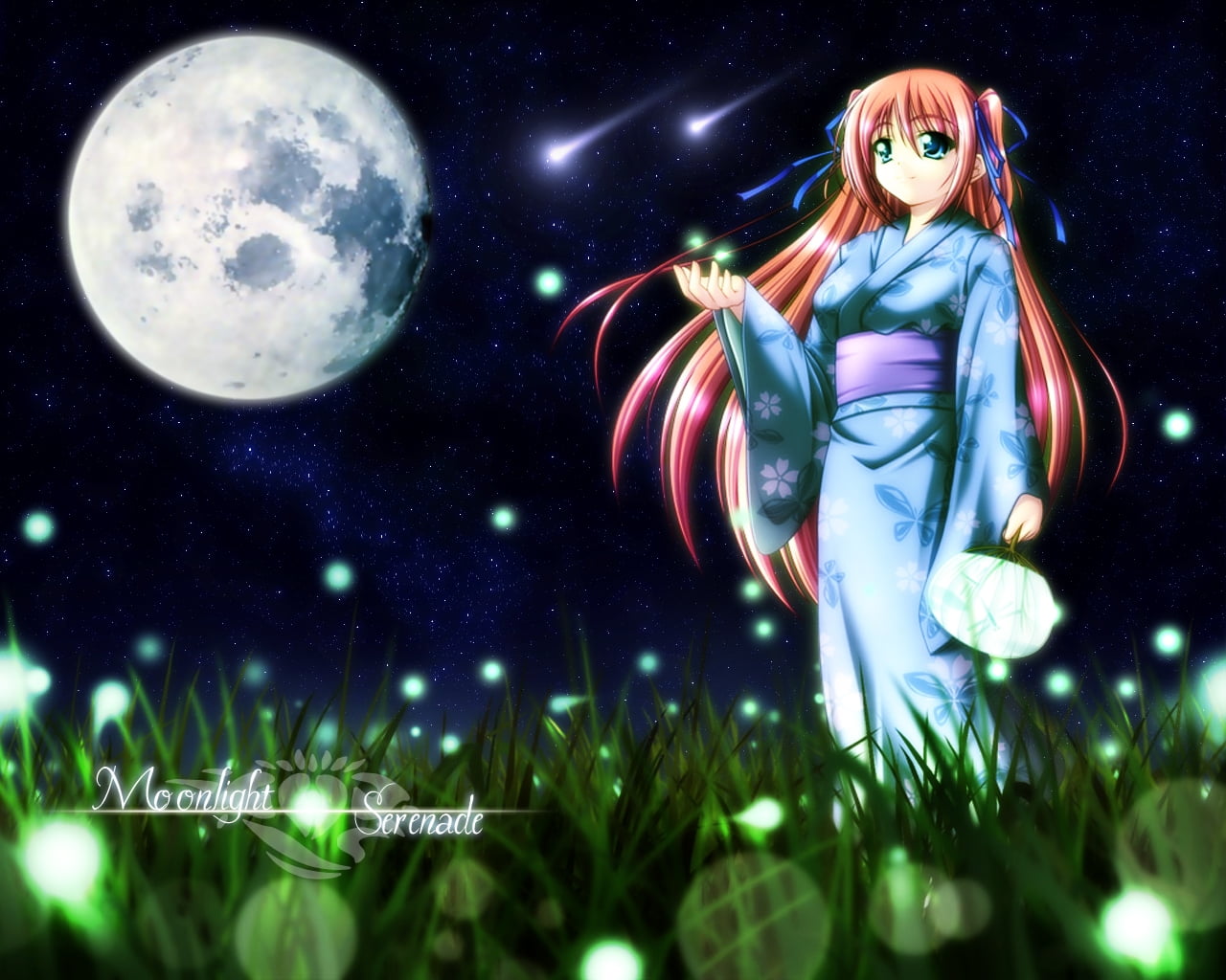 orange haired female anime character in green kimono dress during full moon