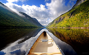 brown canoe, mountains, clouds, valley, boat