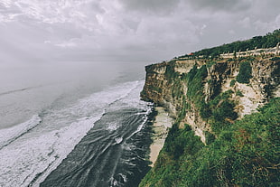 mountain beside body of water, nature, landscape, waves, clouds