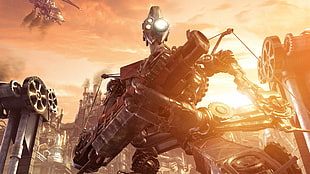 gray robot PC game character digital wallpaper, steampunk, robot