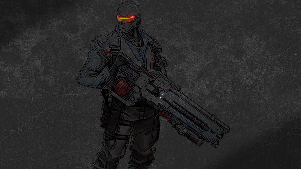 man in red and black LED helmet holding blaster illustration HD wallpaper