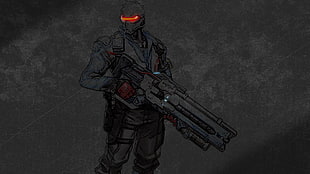 man in red and black LED helmet holding blaster illustration