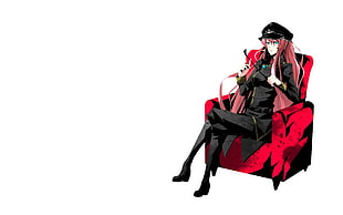 woman in black long sleeve dress sitting on black and red sofa chair anime character