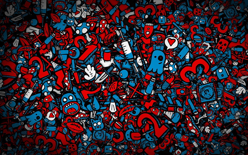 blue, red, and white painting, digital art HD wallpaper