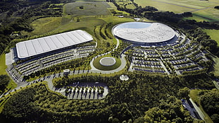 white stadium, McLaren Technology Centre, car, aerial view, McLaren