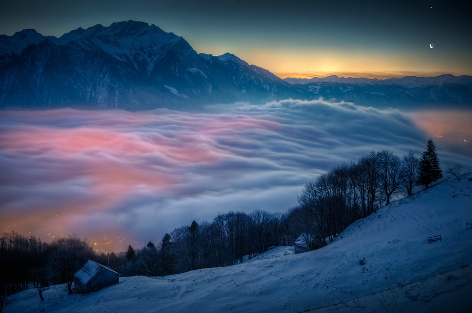 sea of clouds scenery, snow, sunset, mountains, mist HD wallpaper