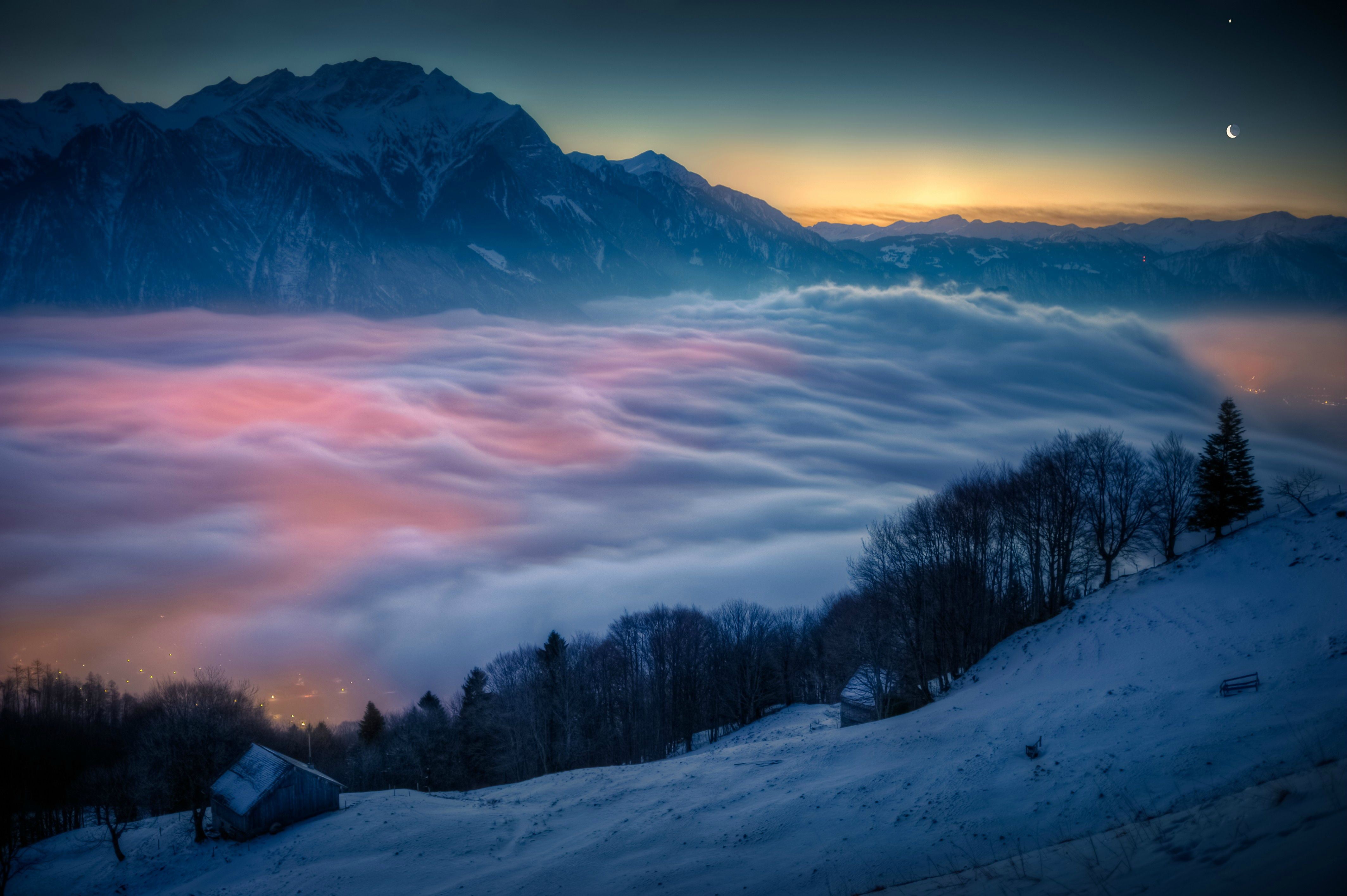 sea of clouds scenery, snow, sunset, mountains, mist