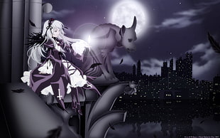 female anime character and white pet during full moon wallpaper