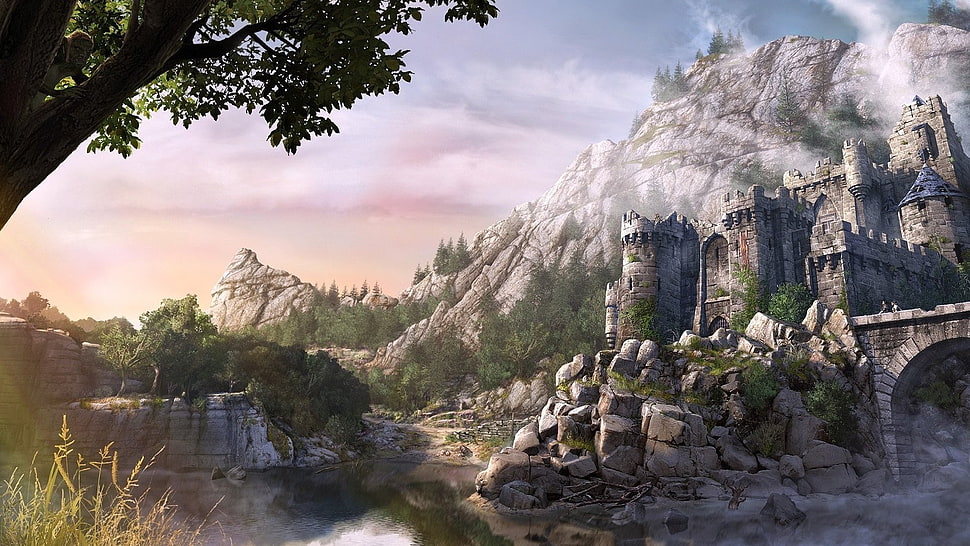 castle illustration, castle, fantasy art, rock, bridge HD wallpaper