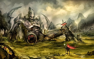 person wearing cape standing near wrecked statue, fantasy art