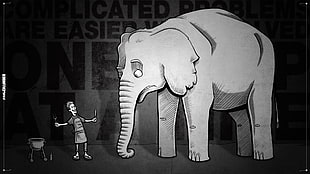 man standing beside elephant digital wallpaper, Antichamber, video games, monochrome, humor