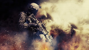 person holding assault rifle, war, Battlefield, soldier, weapon