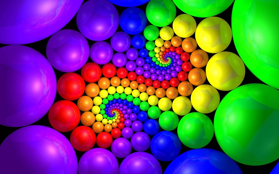 green, yellow, red, blue, and purple ball painting HD wallpaper