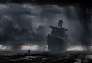 painting of ship, fantasy ship, clouds, alone, lake