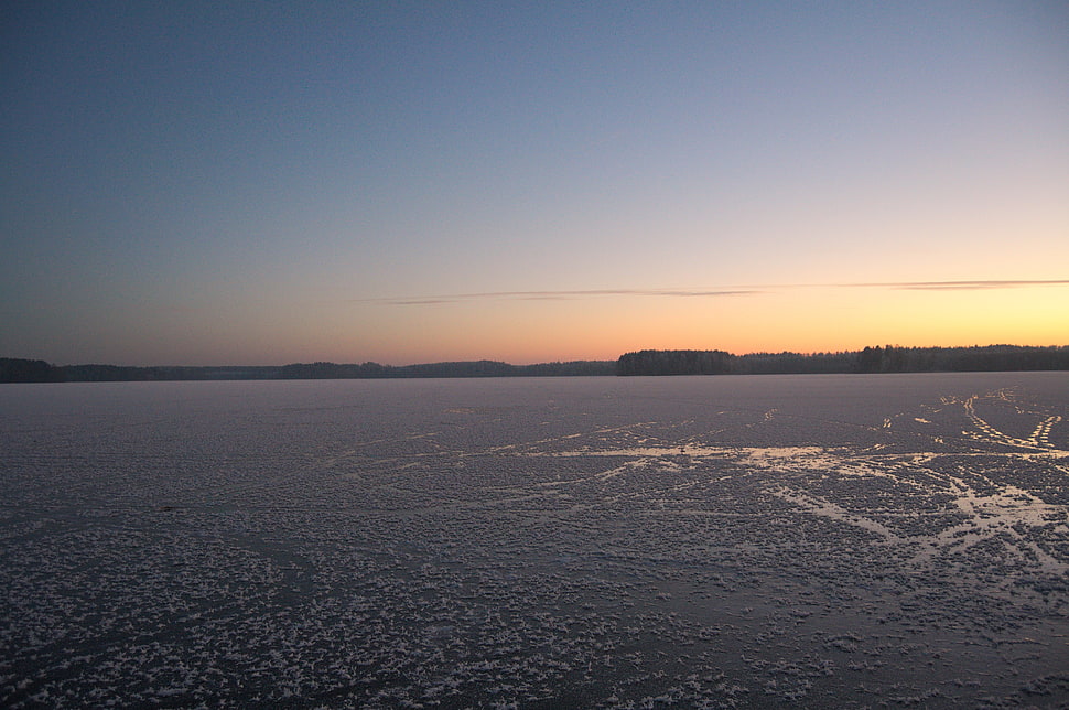gray body of water, winter, evening, sunset, lake HD wallpaper