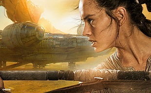 movie poster, Star Wars: The Force Awakens, Daisy Ridley, Rey, Millennium Falcon HD wallpaper
