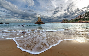seashore and rock formation, nature, landscape, beach, sea HD wallpaper