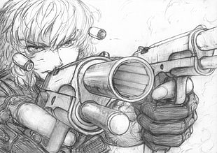 man using gun sketch, drawing, ammunition
