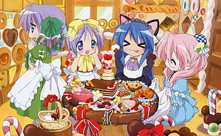 four girls with aprons eating anime character digital wallpaper