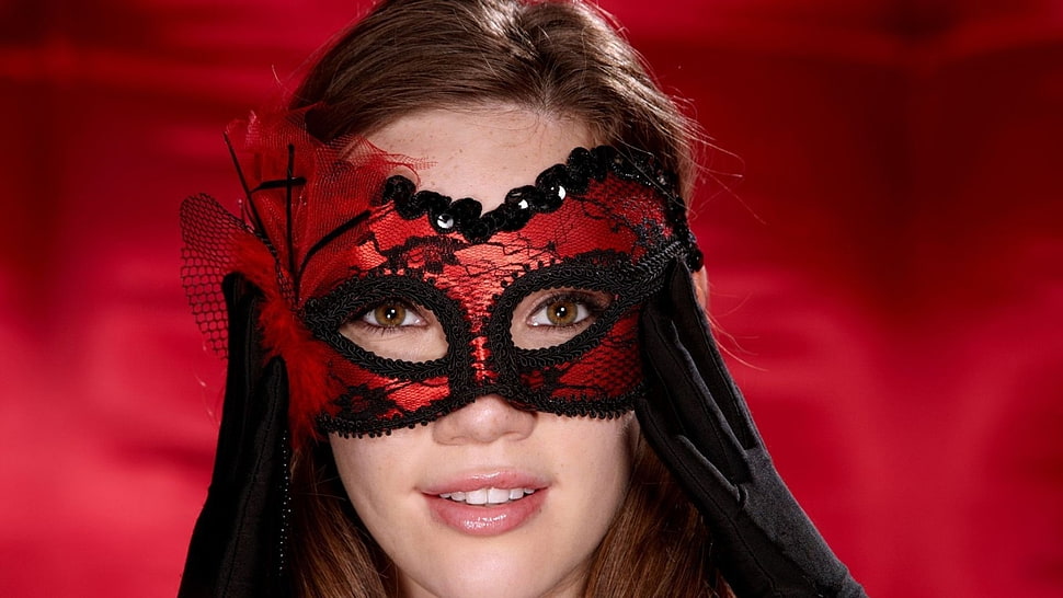 woman wearing red and black masquerade HD wallpaper