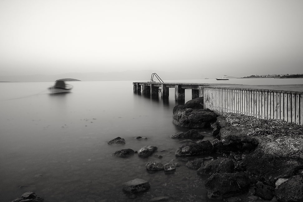 Grayscale photo of docks by the sea at foggy day HD wallpaper ...