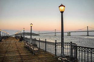 person taking photo of wood dock with post lamps, san francisco