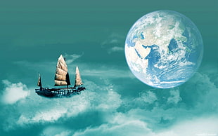 blue and white ceramic vase, ship, sailing ship, planet, sky HD wallpaper