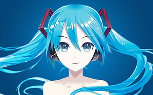 white and blue anime character, Hatsune Miku, vector, blue hair, simple background