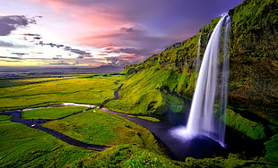 waterfalls above plant-filled fields