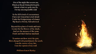William Ernest Henley quote, Invictus, poetry, fire, text HD wallpaper