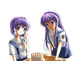 two women with purple dyed hair anime characters