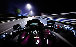 black motorcycle, motorcycle, night, speedometer, point of view
