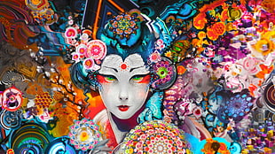 woman painting, colorful, abstract, geisha