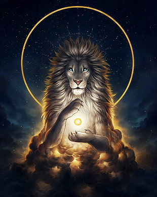 lion with sun and halo wallpaper, lion, white lion, white hair, blue eyes