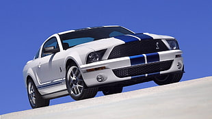 white and blue Ford Shelby Mustang GT-500 coupe, Ford Mustang, muscle cars, car HD wallpaper