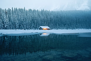 landscape reflection photography of house covered with snow with pine trees and body of water