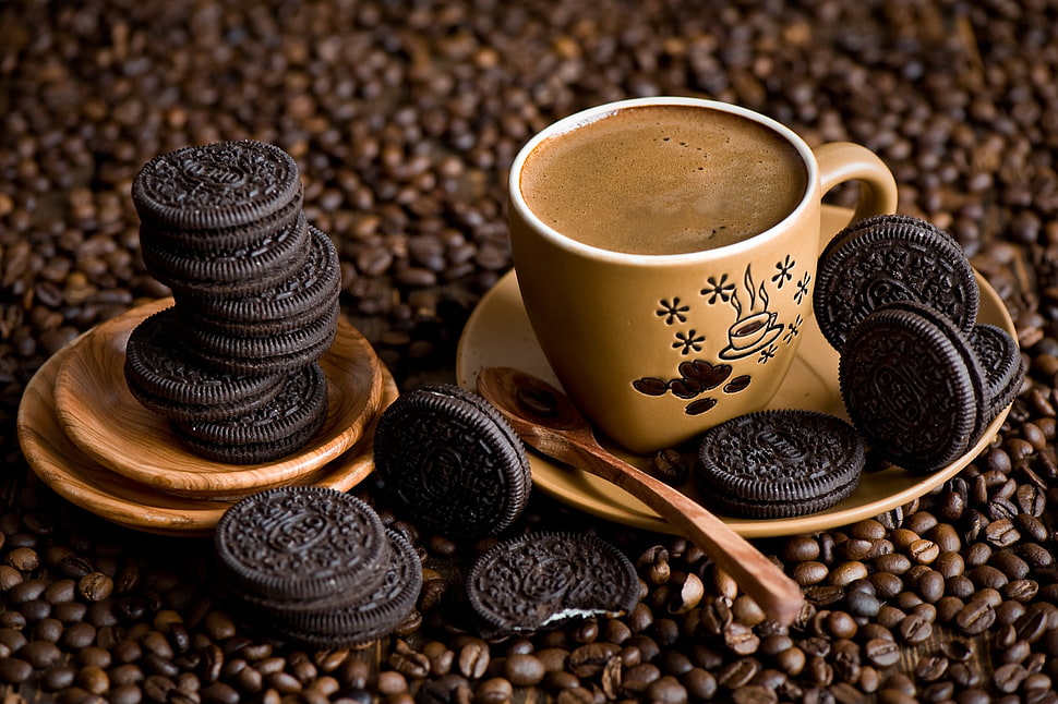 brown ceramic mug and saucer, food, lunch, Oreos, coffee beans HD wallpaper