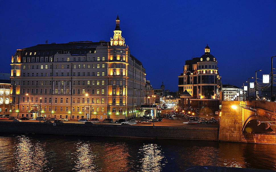 Night lights,  Reflection,  River,  Town HD wallpaper