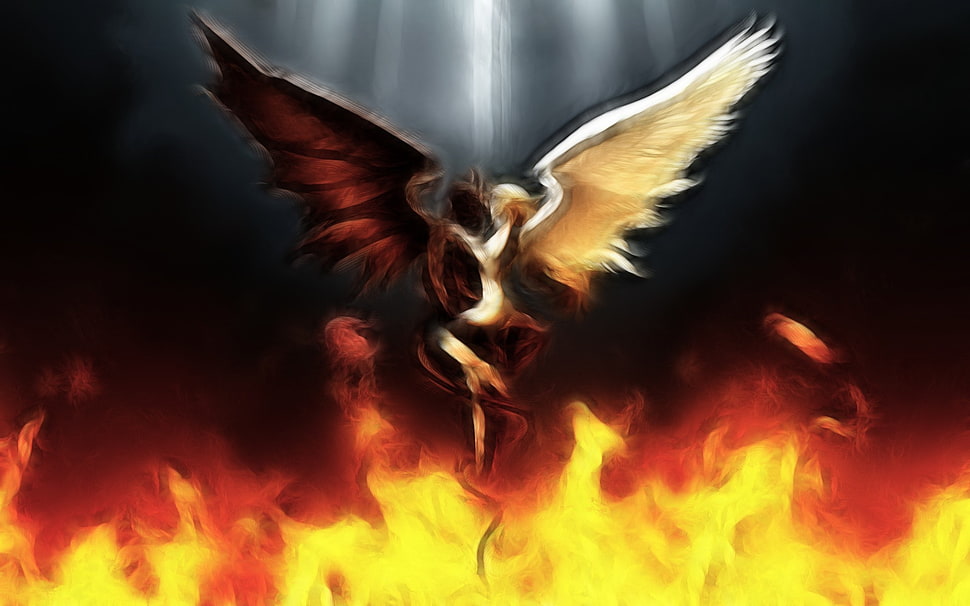 painting of angel devil over fire, angel, artwork, fantasy art, Devil HD wallpaper