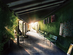 green bench, anime, bench, sunlight, building HD wallpaper