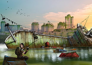 man holding fishing rod near wrecked ship illustration