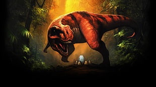 T-rex protecting egg surrounded by trees painting