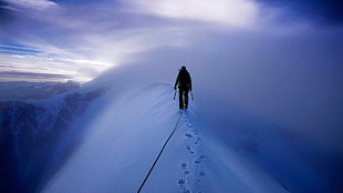 person walking on snow covered mountain during daytime, Mont Blanc, mountains, climbing, cold