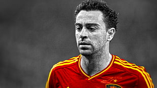 men's red and yellow top, selective coloring, soccer, Spain, Xavi