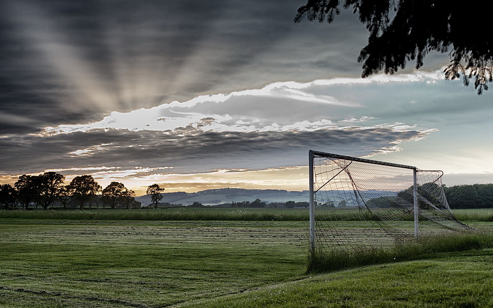 white goal net, Goal, clouds, soccer pitches, sky HD wallpaper