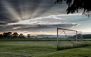 white goal net, Goal, clouds, soccer pitches, sky HD wallpaper